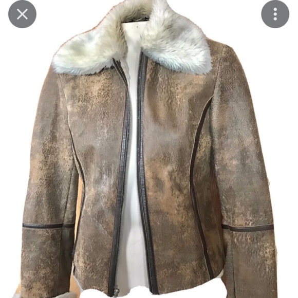 Express Distressed Brown full zip Faux fur collar Leather Jacket Y2K - Picture 1 of 11